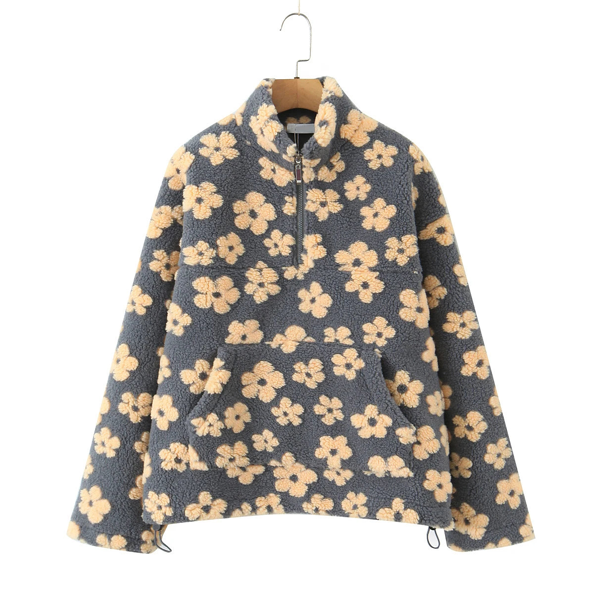 Lambswool Floral Sweatshirt - High Neck Long Sleeve Warm Pullover