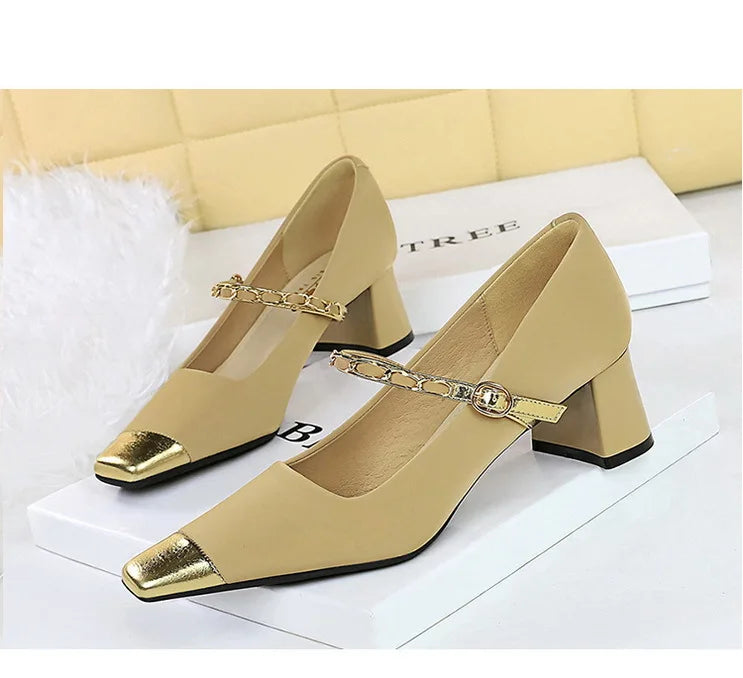 Women's Square Toe Metal Chain Temperament Mary Jane Middle Heel Shoes