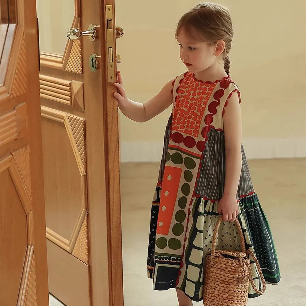 Girls' Dress Summer Children's Round Neck Sleeveless Geometric Multicolour Comfortable Casual Dress