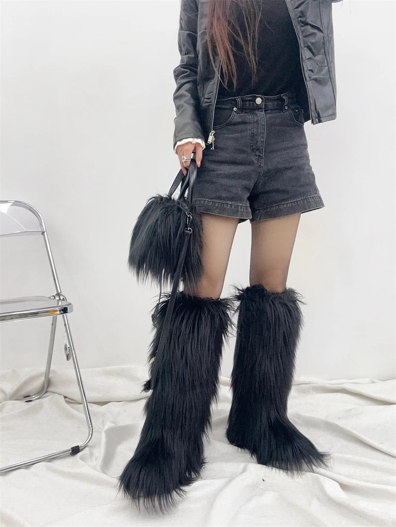 Winter Women Faux Fur Boots And Bag Set - Fluffy Warm Snow Boots Cute Tote Fur Handbag and Platform Plush Boots