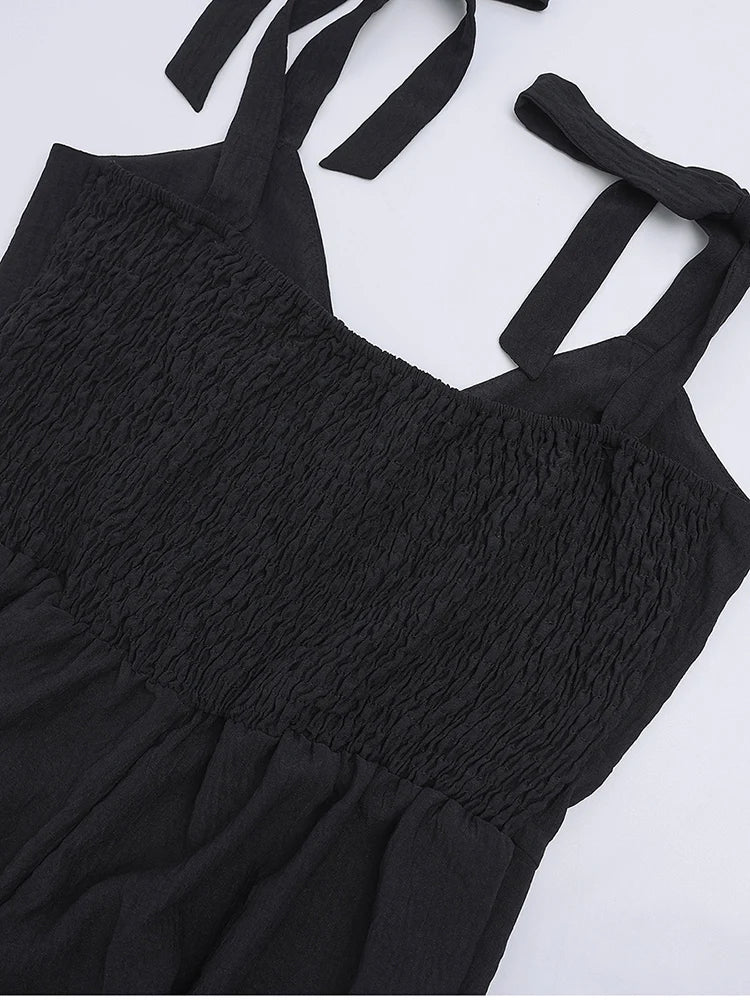 Women's V-Neck Wide Leg Jumpsuit - Backless Sleeveless Tie-Up Bodysuit