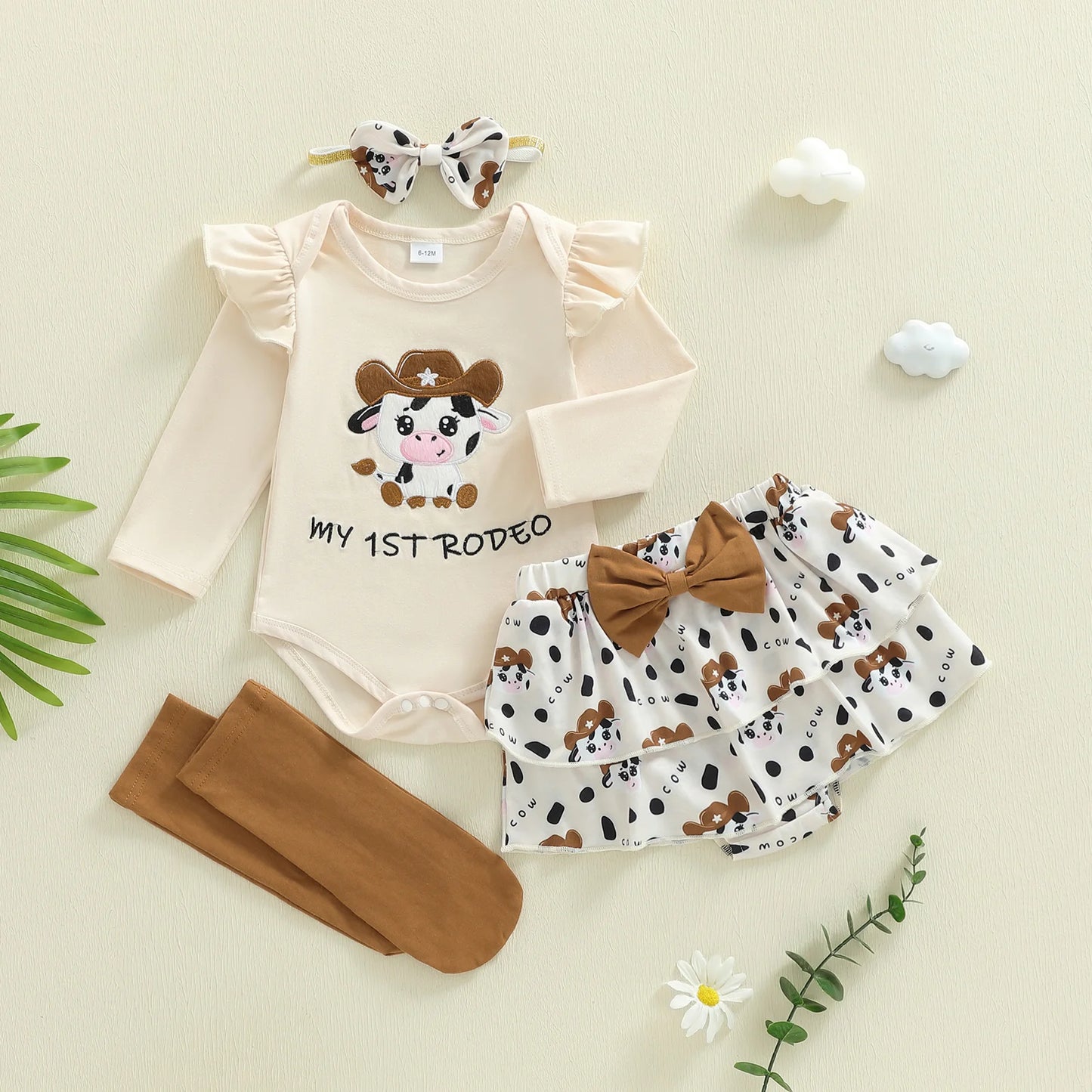 Newborn Baby Girls Boys Outfit Set - Cow Embroidery Romper with Skirt & Accessories 0-12M