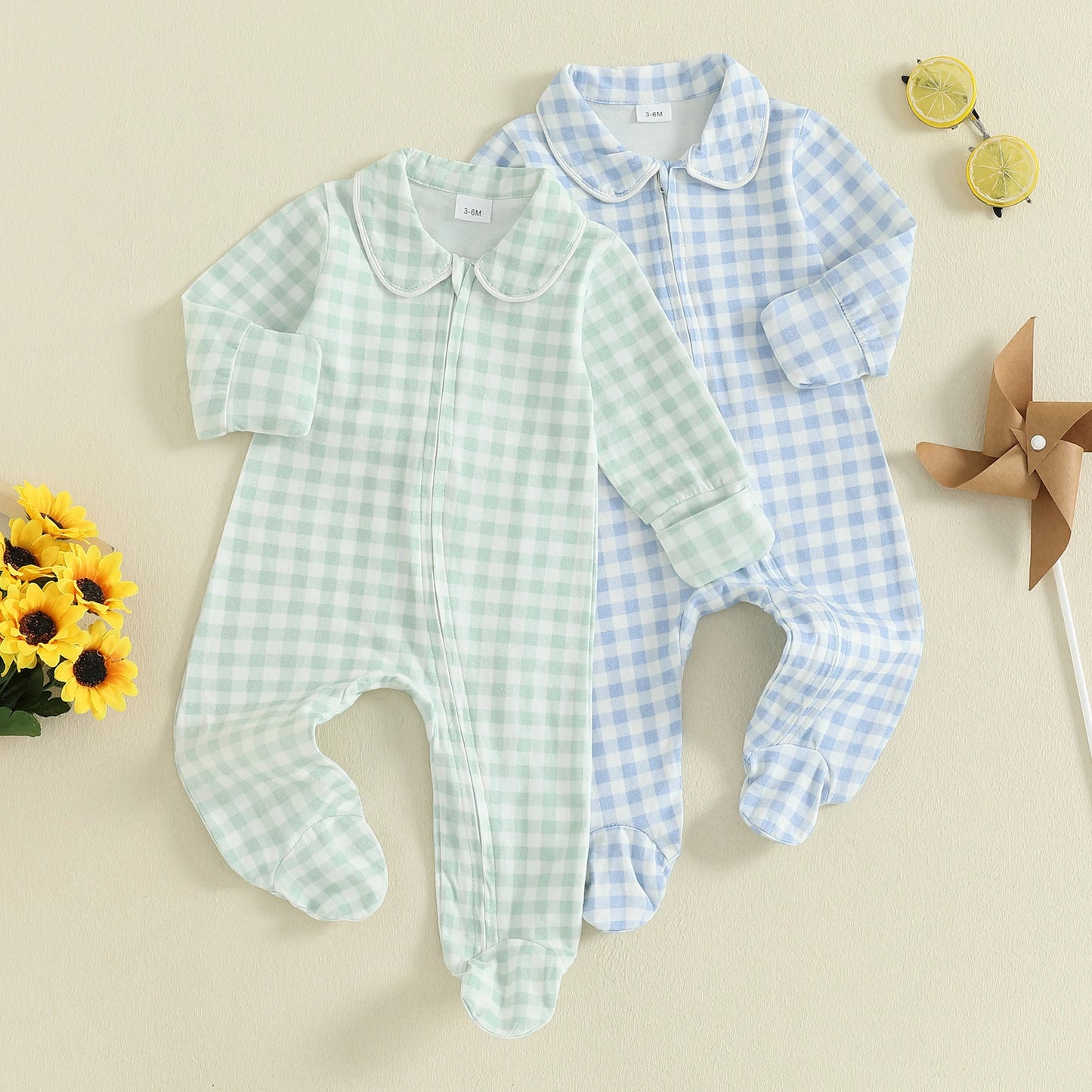 Newborn Baby Plaid Romper - Doll Collar Long Sleeve Zip-Up Footed Jumpsuit