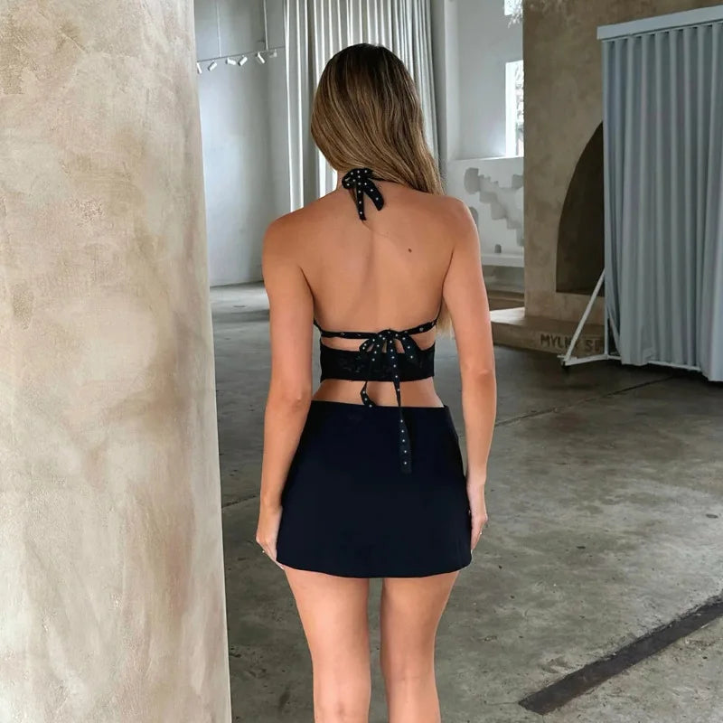 Backless Halter Mini Dress - Elegant Women Summer Lace Rivet Detail V Bar Dress