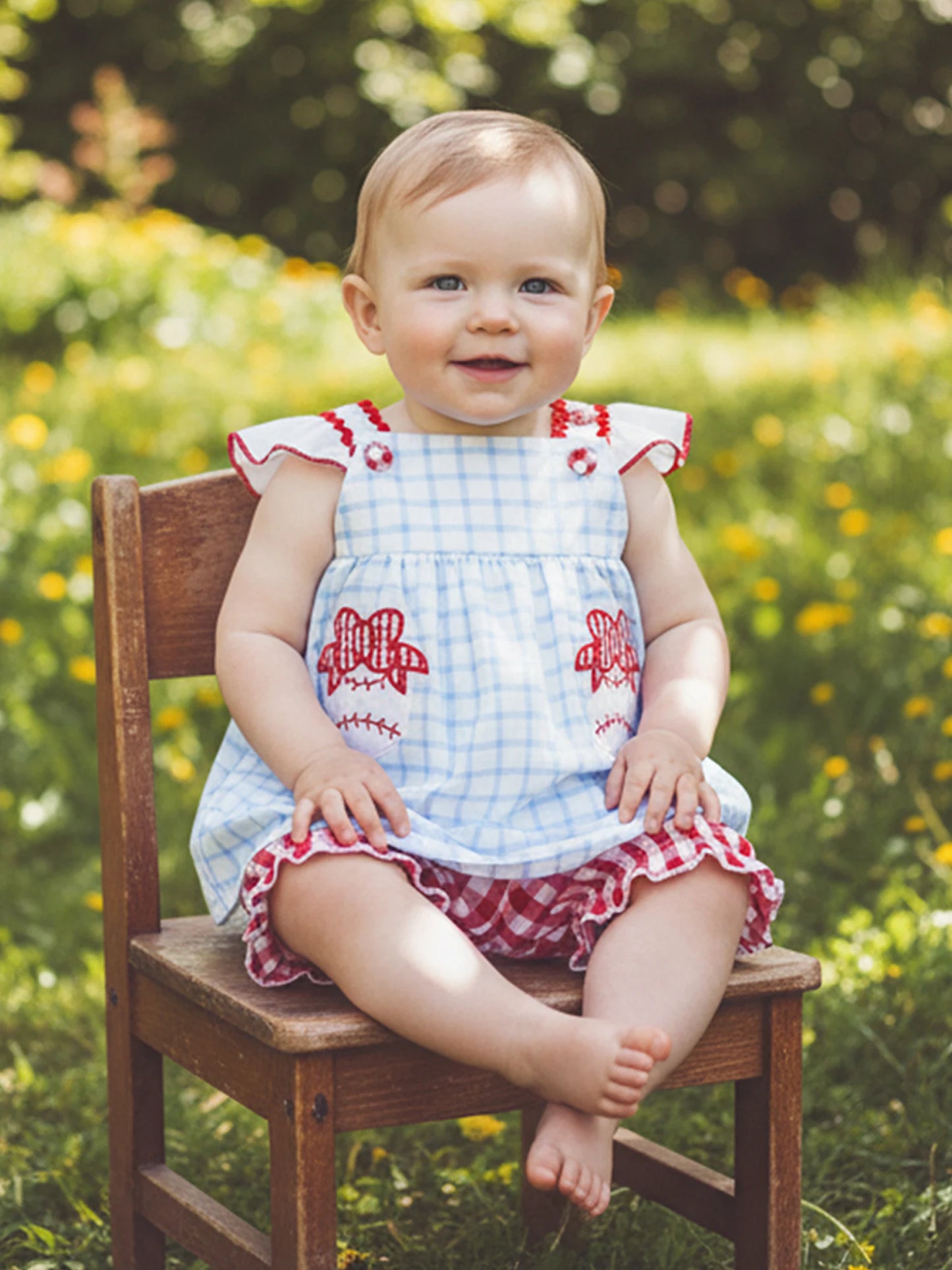 Toddler Girls 2-Piece Outfit Set - Plaid Baseball Embroidery Top & Shorts