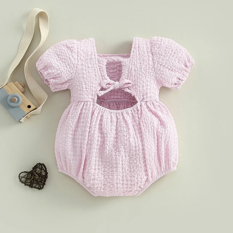 Baby Girls Bubble Romper - Short Puff Sleeve Square Neck Backless Playsuit