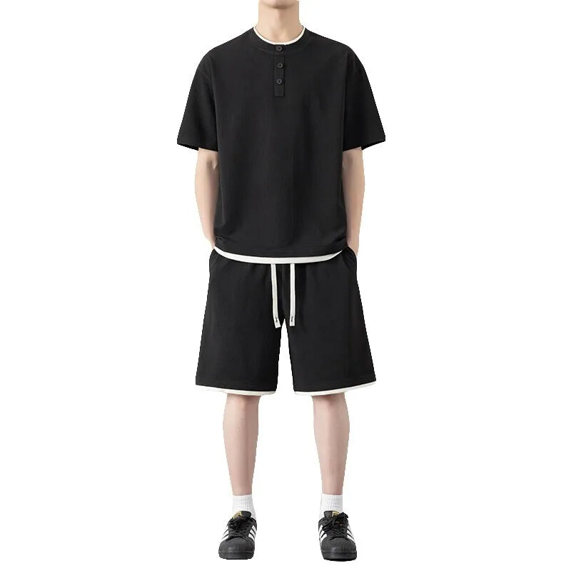 Men's Summer  Sports Sets Short Sleeve Round-Neck T-Shirt Elastic Waist Short Set