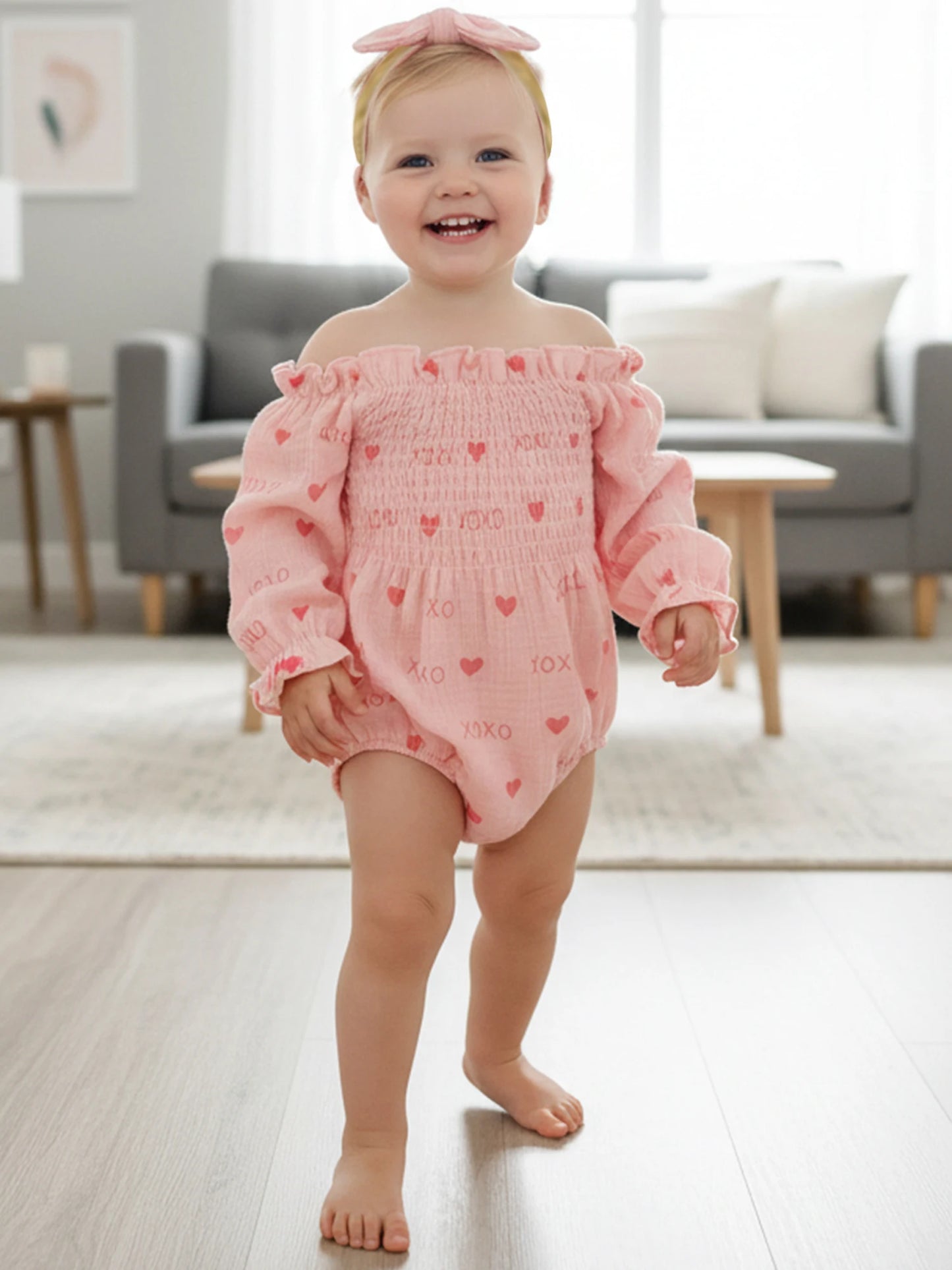Baby Girls Valentine's Day Romper - Heart Print Smocked Jumpsuit with Headband 0-18M