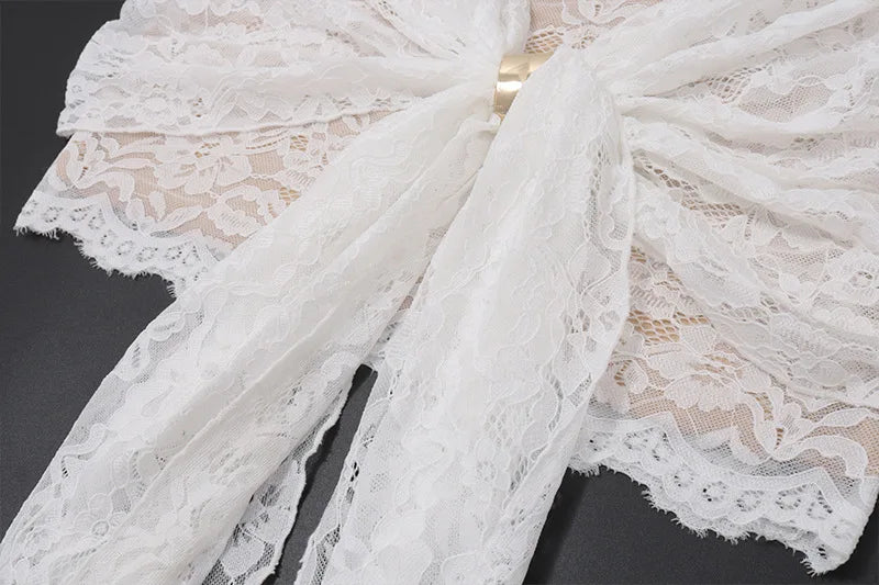 Women's Embellished Lace Hollow Out Mini Dress - Flare Sleeve See Through Wrap