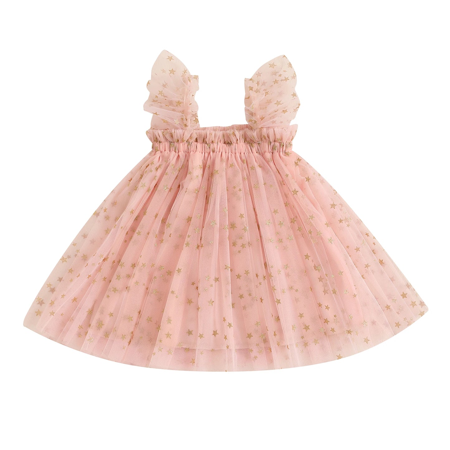 0-4YBaby Girls Summer Dress Glitter Star/Flower Print Fly Sleeve Square Neck Mesh Tulle Summer Dressress