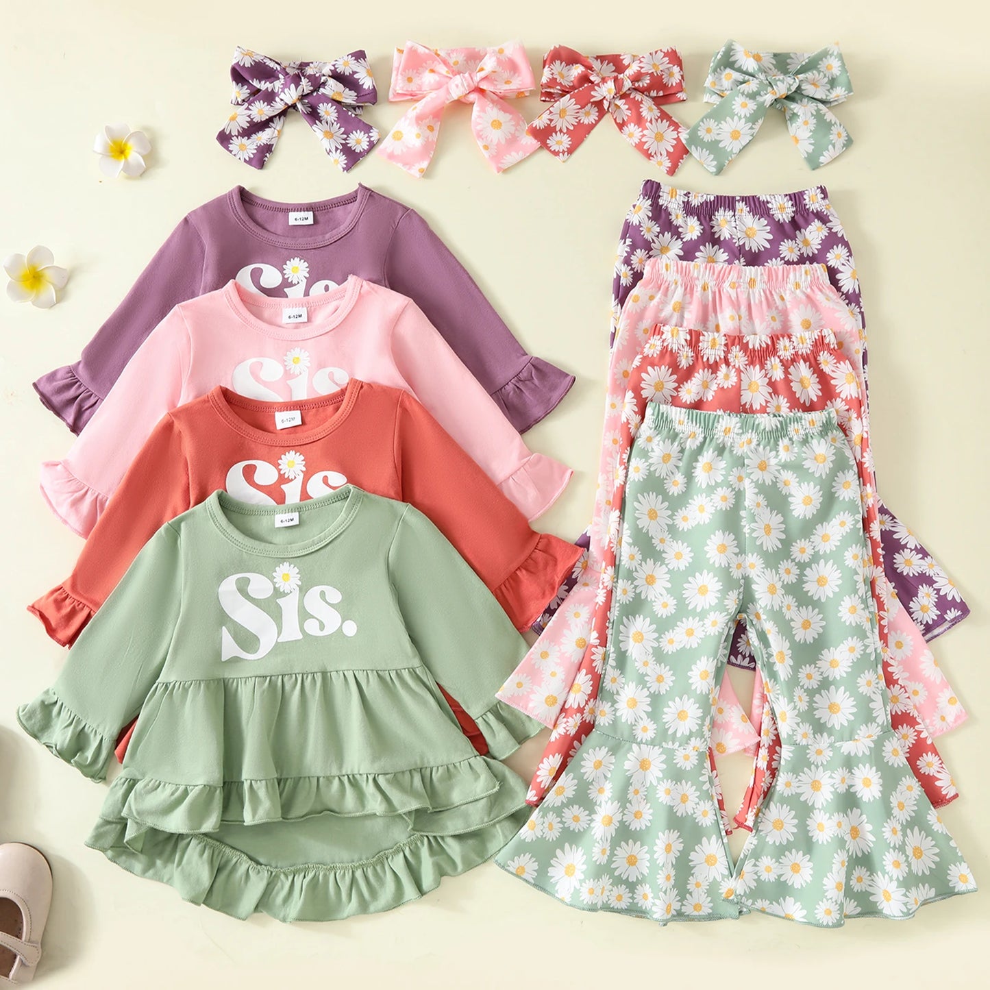 0-4Y Girls Letter Print Long Sleeve Ruffled Dress Tops Sunflowers Flare Pants and Headband