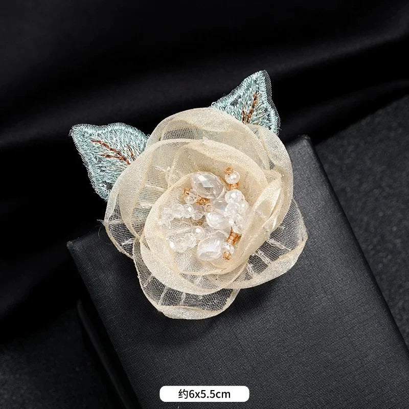 Women's Crystal Ribbon Flower Brooch Pins Rhinestones Pearl Corsage Suit Collar  Brooches