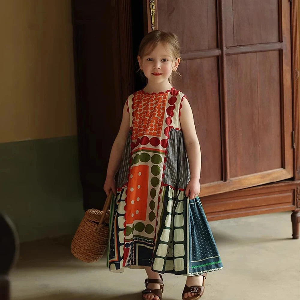 Girls' Dress Summer Children's Round Neck Sleeveless Geometric Multicolour Comfortable Casual Dress