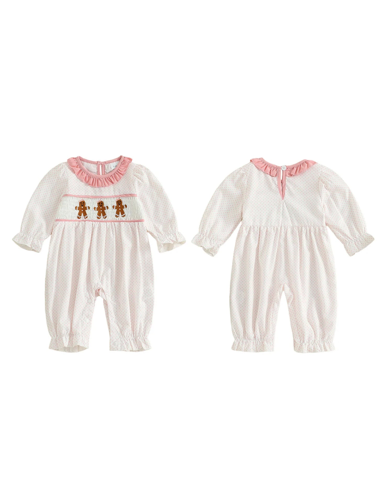 Baby Girls' Christmas Romper - Santa & Gingerbread Embroidery Smocked Long Sleeve Jumpsuit