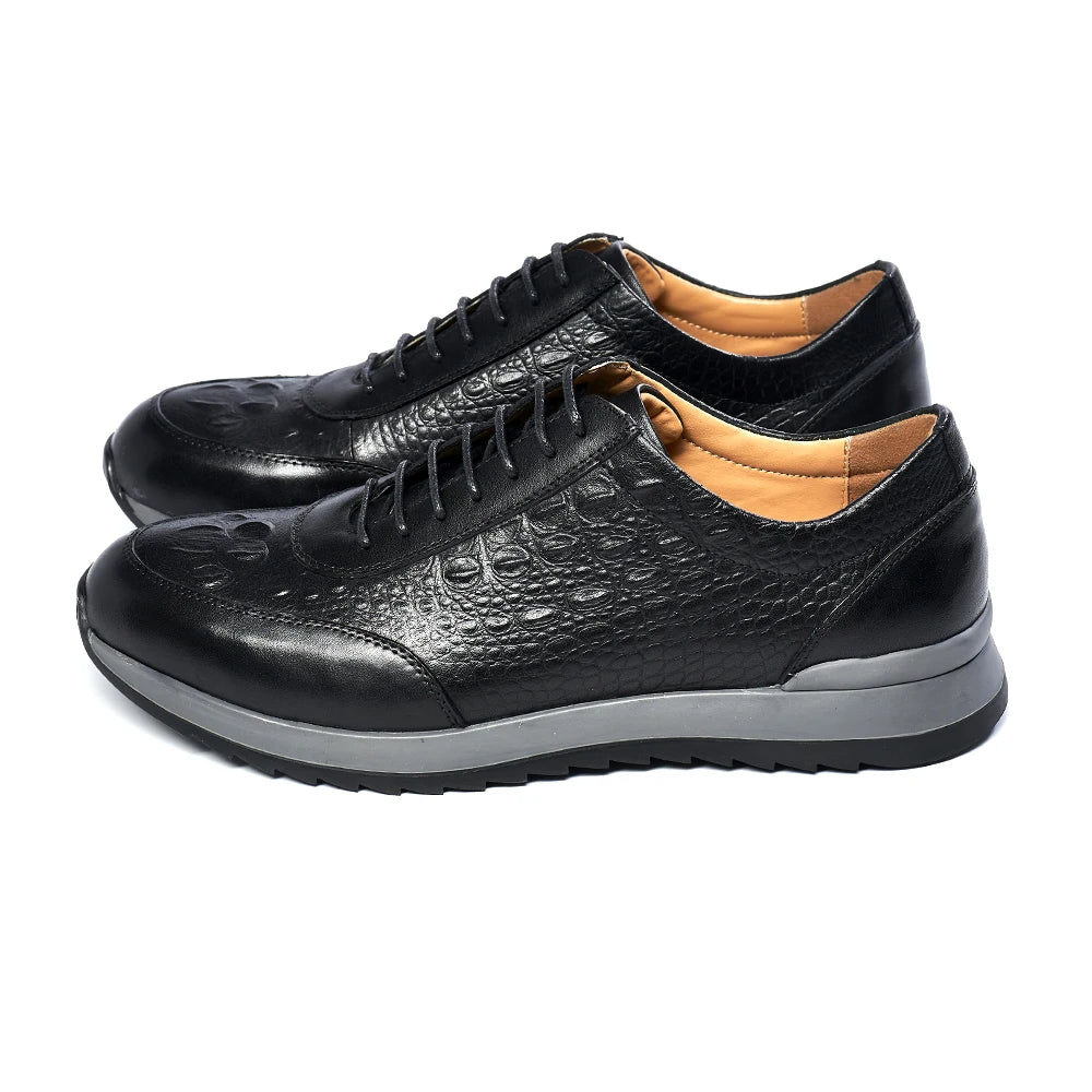 Men's Genuine Leather Crocodile Pattern Oxford Sneakers – Lace-Up Casual Flat Shoes