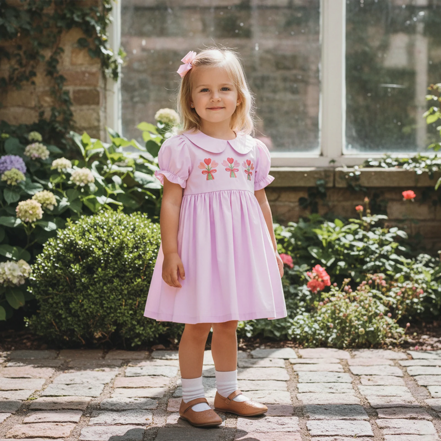 Girls Princess A-Line Dress - Floral Embroidery Doll Collar Short Sleeve