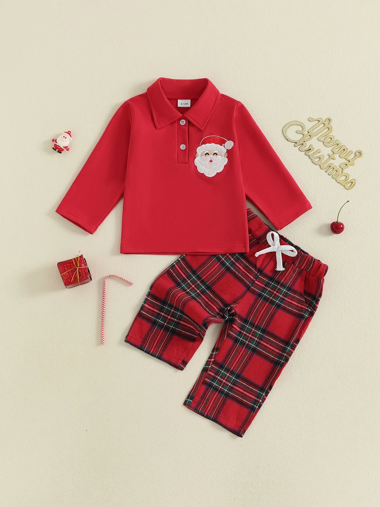 Toddler Kids Boy Christmas Clothes Set - Santa Embroidery Long Sleeve Lapel Pullover & Elastic Waist Plaid Pants
