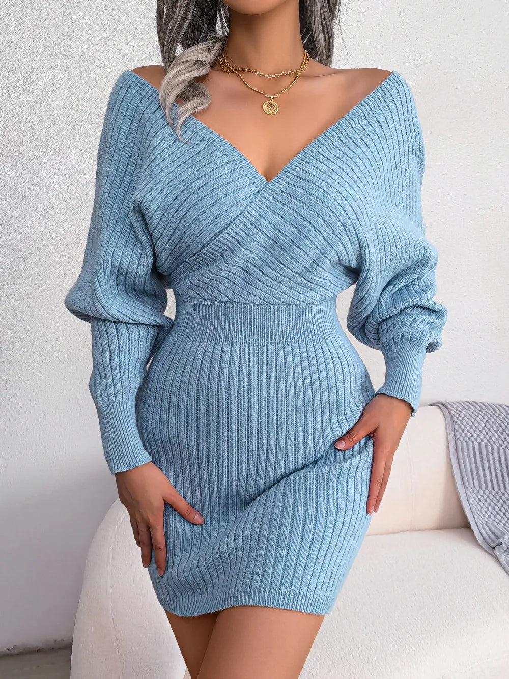 Women's Autumn Winter Cross V Neck Batwing Sleeve Casual Wrap Hip Woollen Dress