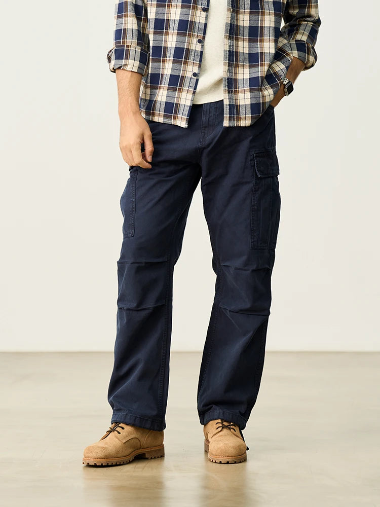 Men's Loose Straight Cargo Trousers 340gsm Slub Fabric