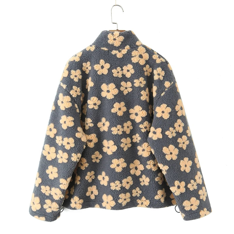Lambswool Floral Sweatshirt - High Neck Long Sleeve Warm Pullover