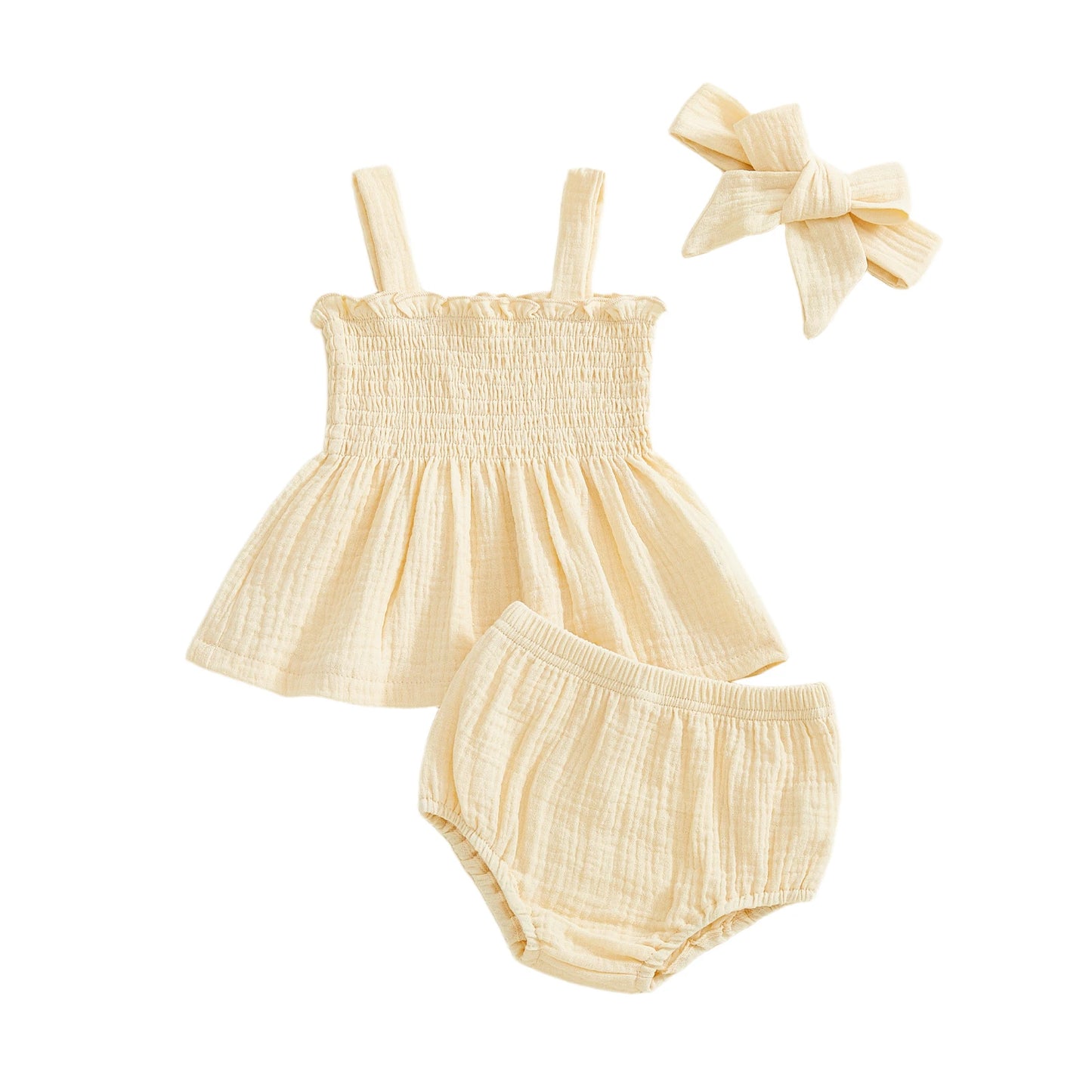 Baby Girls Summer Outfit Set - Ruffled Smocked Top, Shorts & Headband (0-24M)