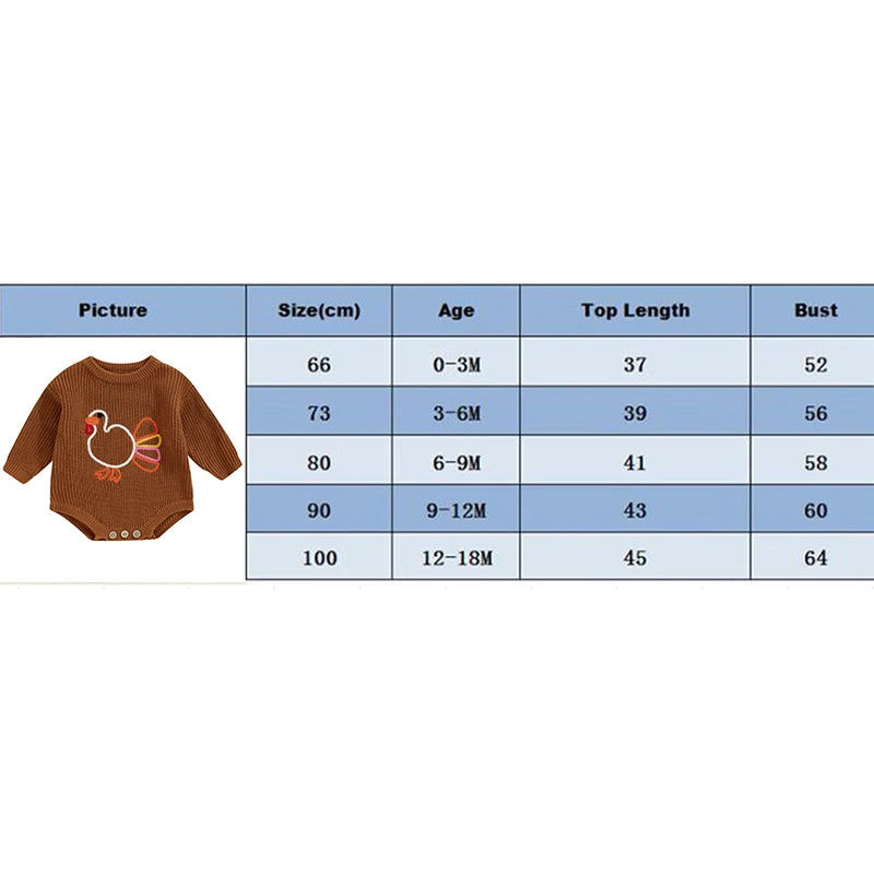 0-18M Baby Boys Girls Thanksgiving Cute Sweater Romper Turkey Embroidery Long Sleeve Jumpsuit