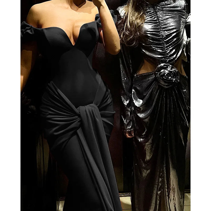 Women's V-neck Fishtail Bodycon Strapless Maxi Gown Party High Waist Ruched Dress