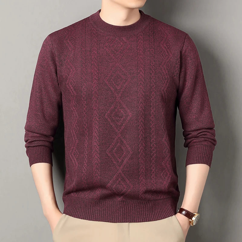 O-Neck Fleece Pullover - Thick Knitted Geometric Sweater
