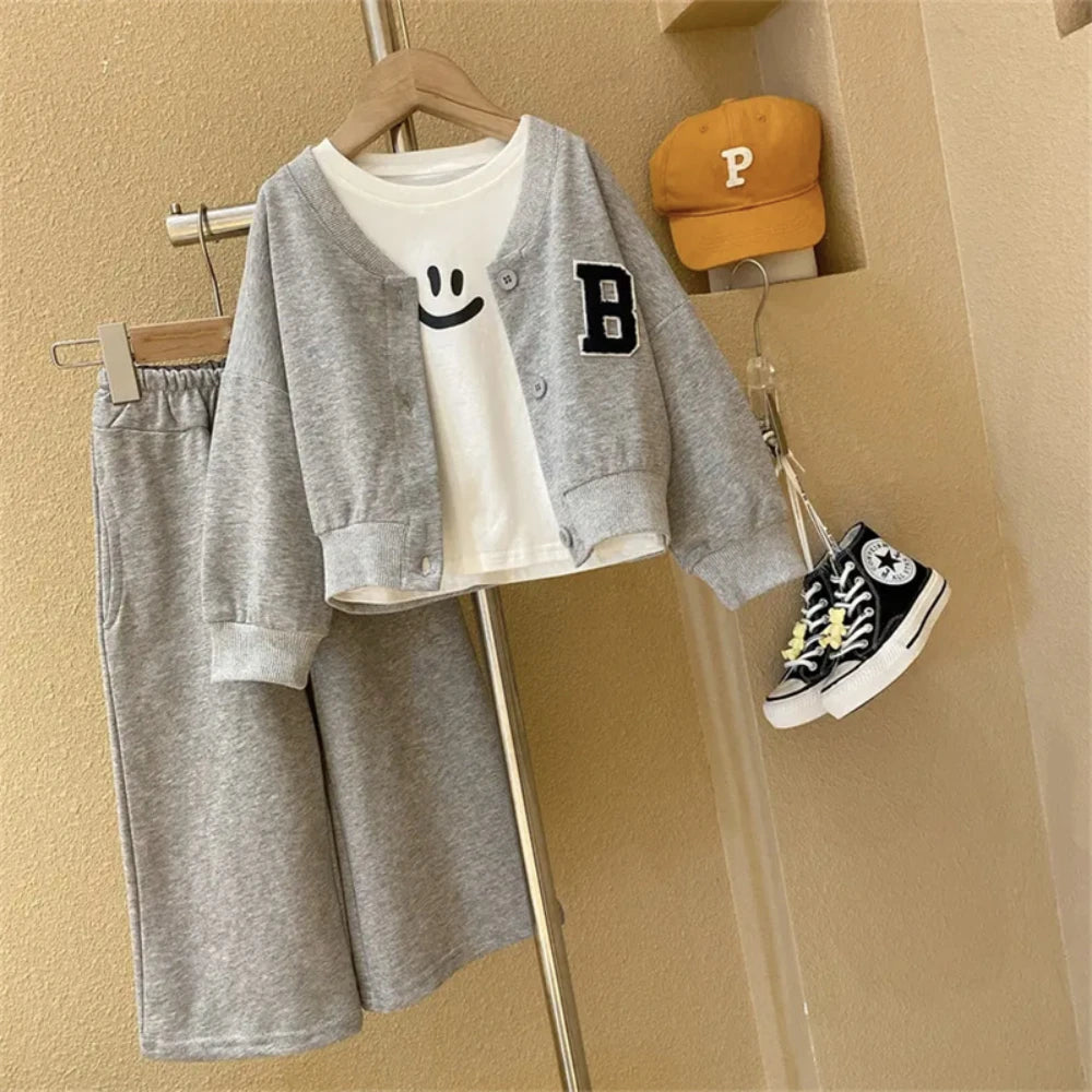 Girl's Casual Baseball Jacket and Wide Leg Pants 2PCS