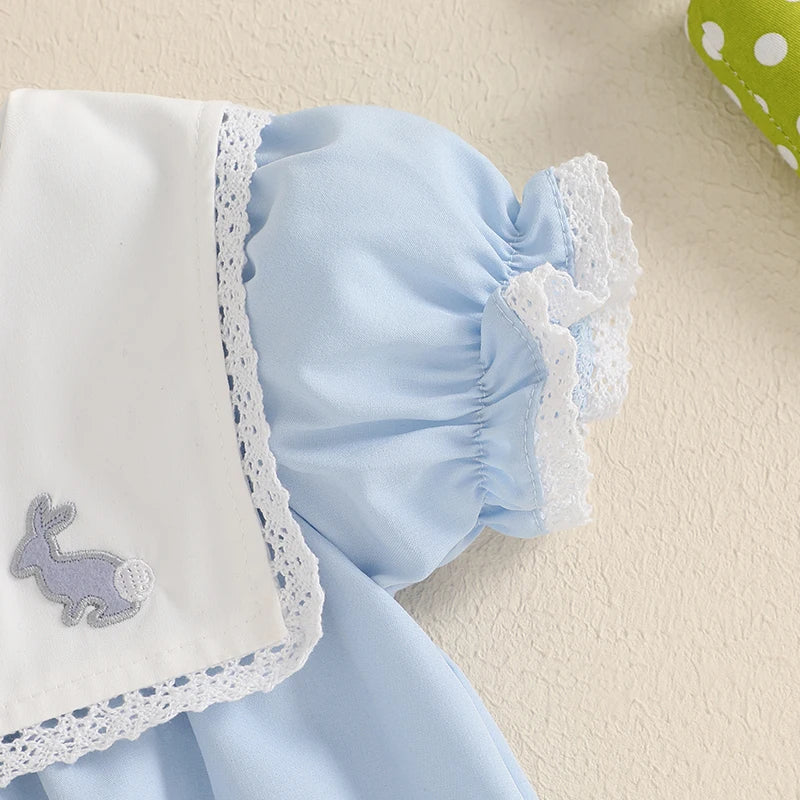 Baby Girls Easter Romper - Lace Ruffled Rabbit Embroidery Short Sleeve Bodysuit