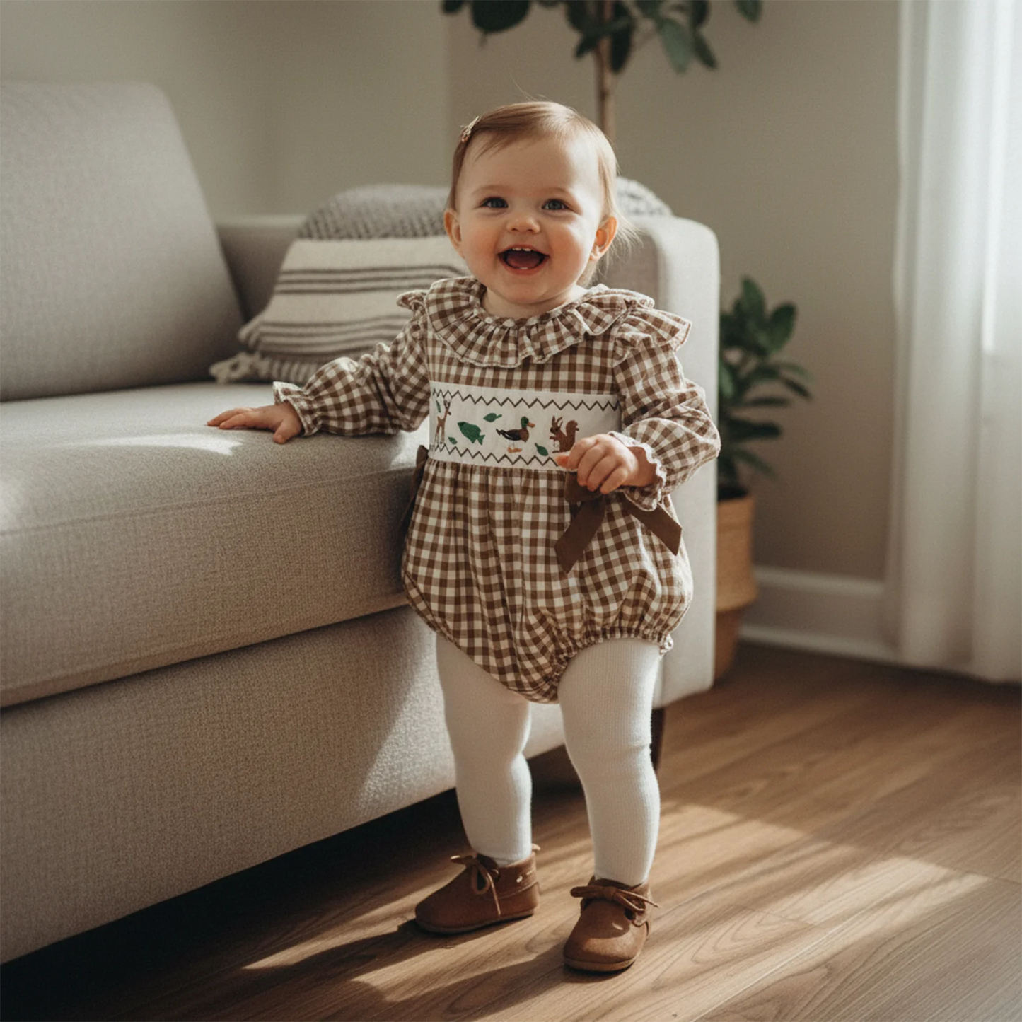 Baby Girls Boys Autumn Winter Plaid Long Sleeve Ruffle Collar Animal Embroidery Romper