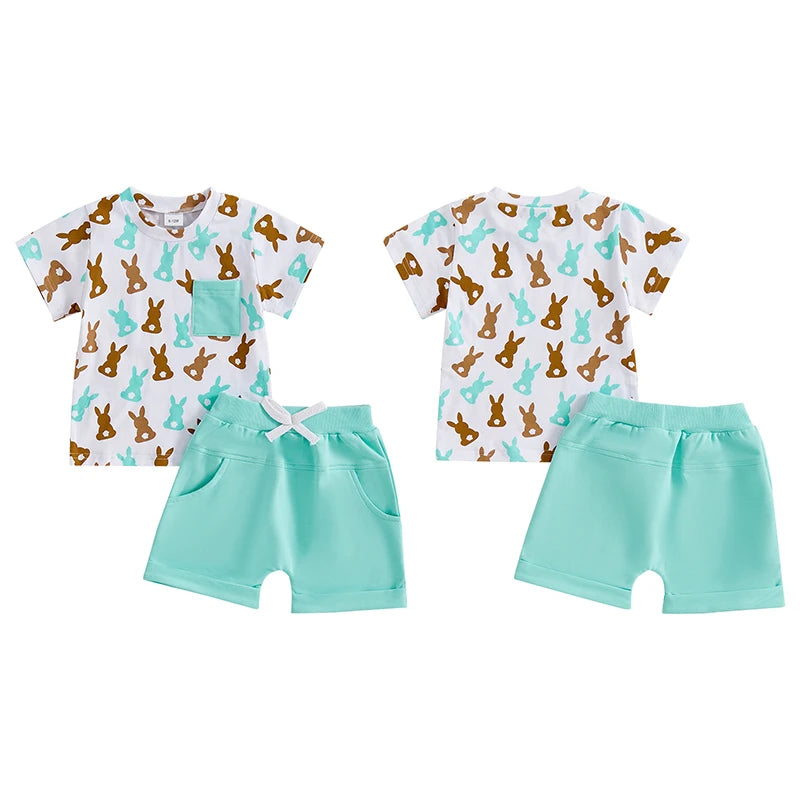 Toddler Baby Boys' Easter Outfit Set - Rabbit Print Short Sleeve T-Shirt & Shorts with Pockets 2pcs