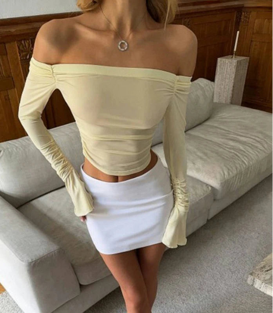 Women's Solid Flare Sleeve Off Shoulder Top - Elegant Cropped Streetwear