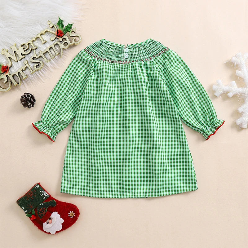 Christmas Santa Embroidery Plaid A-Line Dress - Girls Long Sleeve Festive Dress