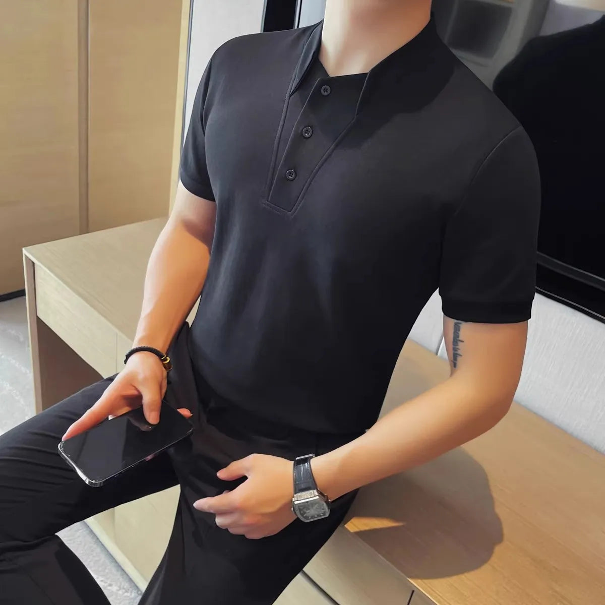 Men's Summer Polo Korean Style Turn Down Collar Short Sleeve Slim Fit Fake Two Pieces T-Shirt