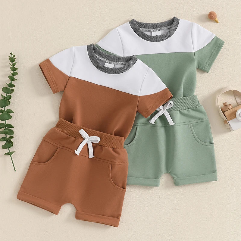 0-3Y Toddler Baby Boys Casual Clothes Set Contrast Colour Round Neck Short Sleeve Tops Pockets Shorts