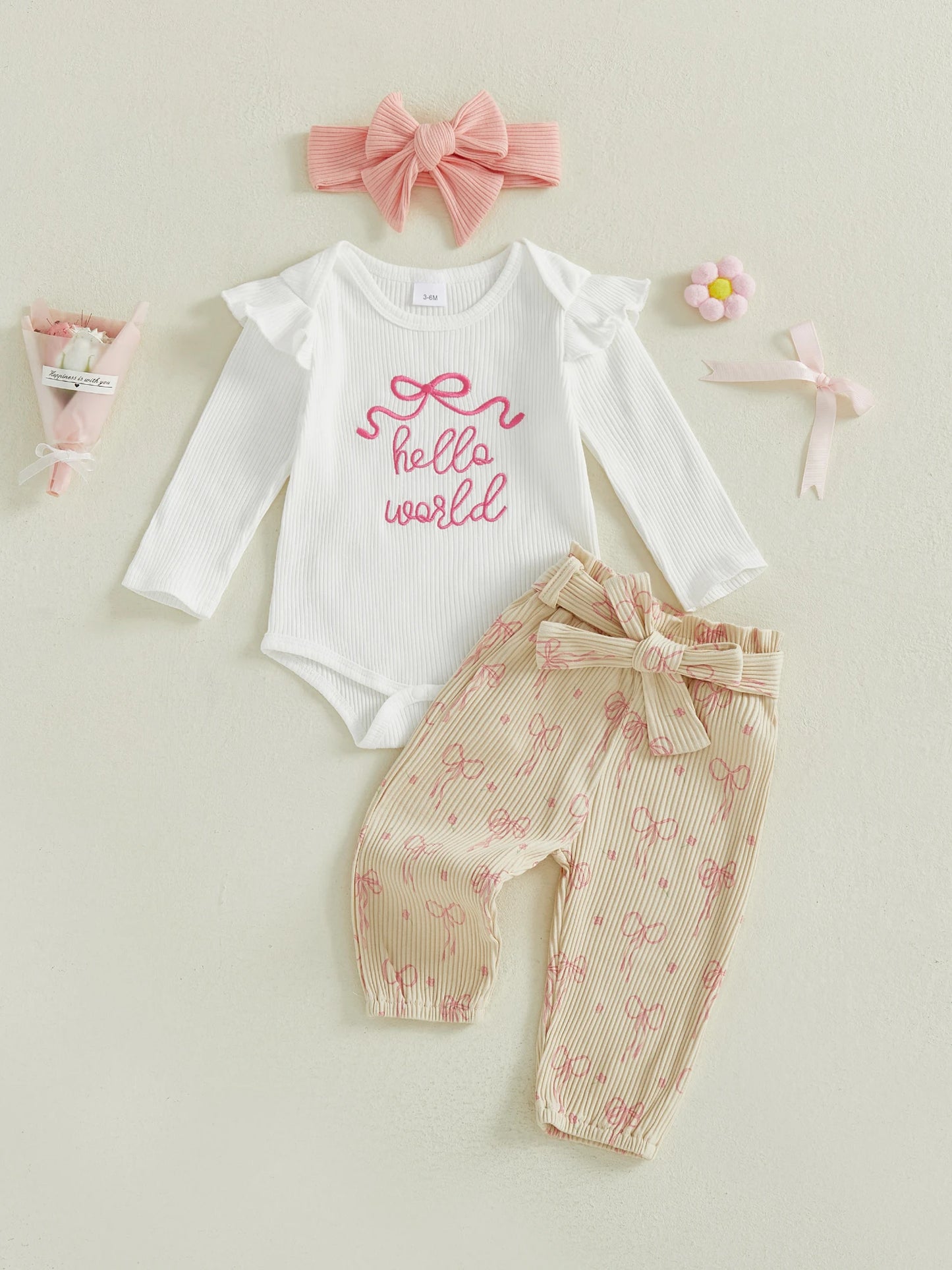 Newborn Baby 4-Piece Outfit Set - Long Sleeve Romper, Pants, Belt & Headband