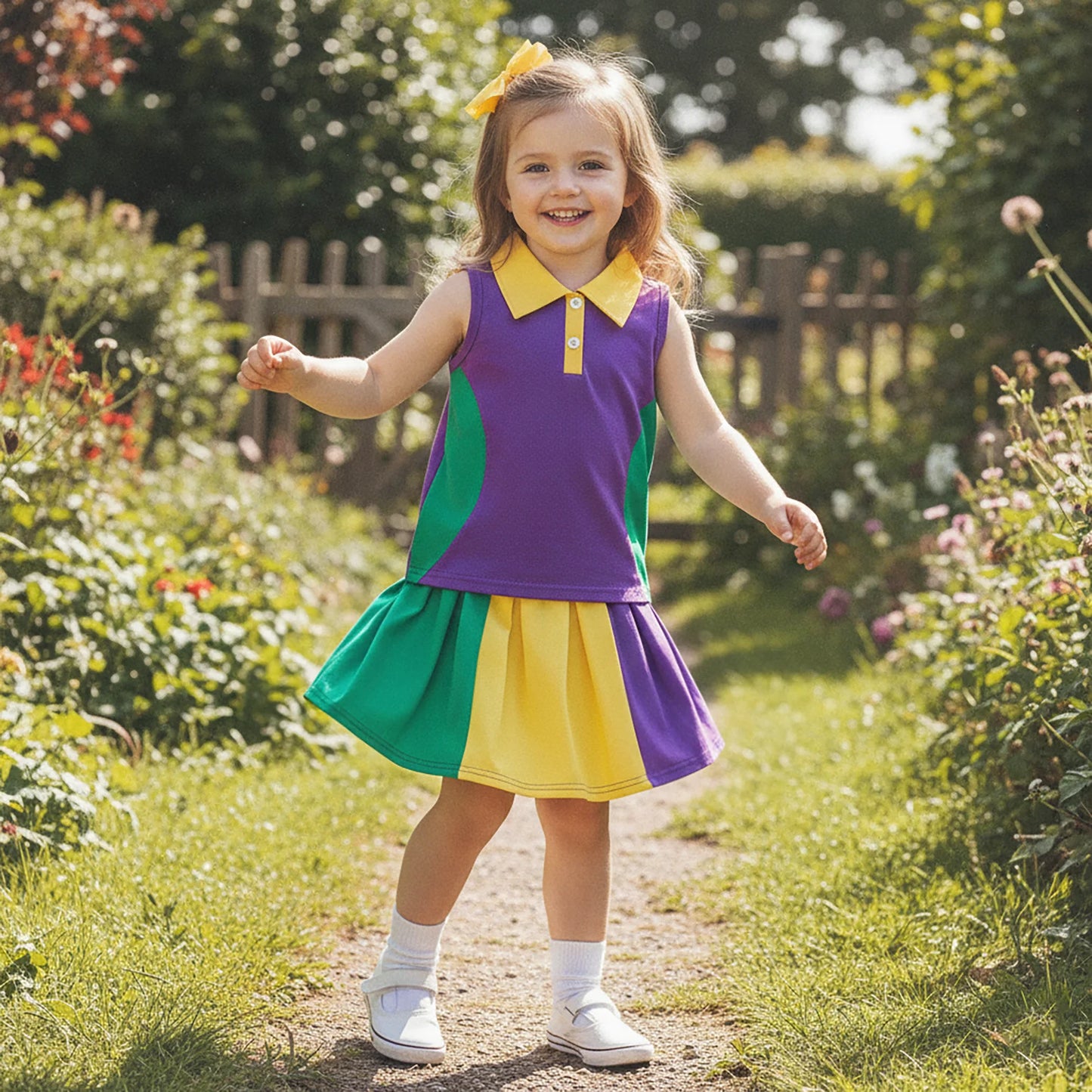 Girls Mardi Gras 2-Piece Outfit - Contrast Lapel Tank Top & Skirt Set