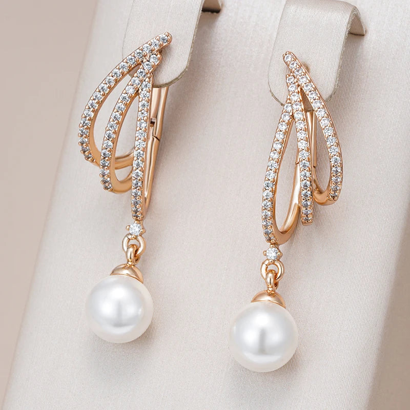 Women Shiny Natural Zircon Unique Geometric 585 Rose Gold Pearl Long Drop Earrings