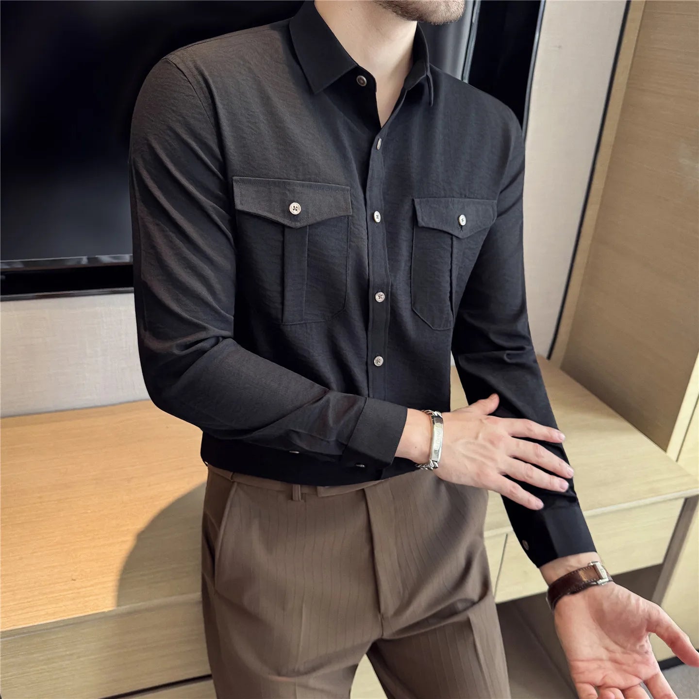 Men's Minimalist Slim Fit Shirt - Long Sleeve Solid Colour Smart Casual Pocket Blouse