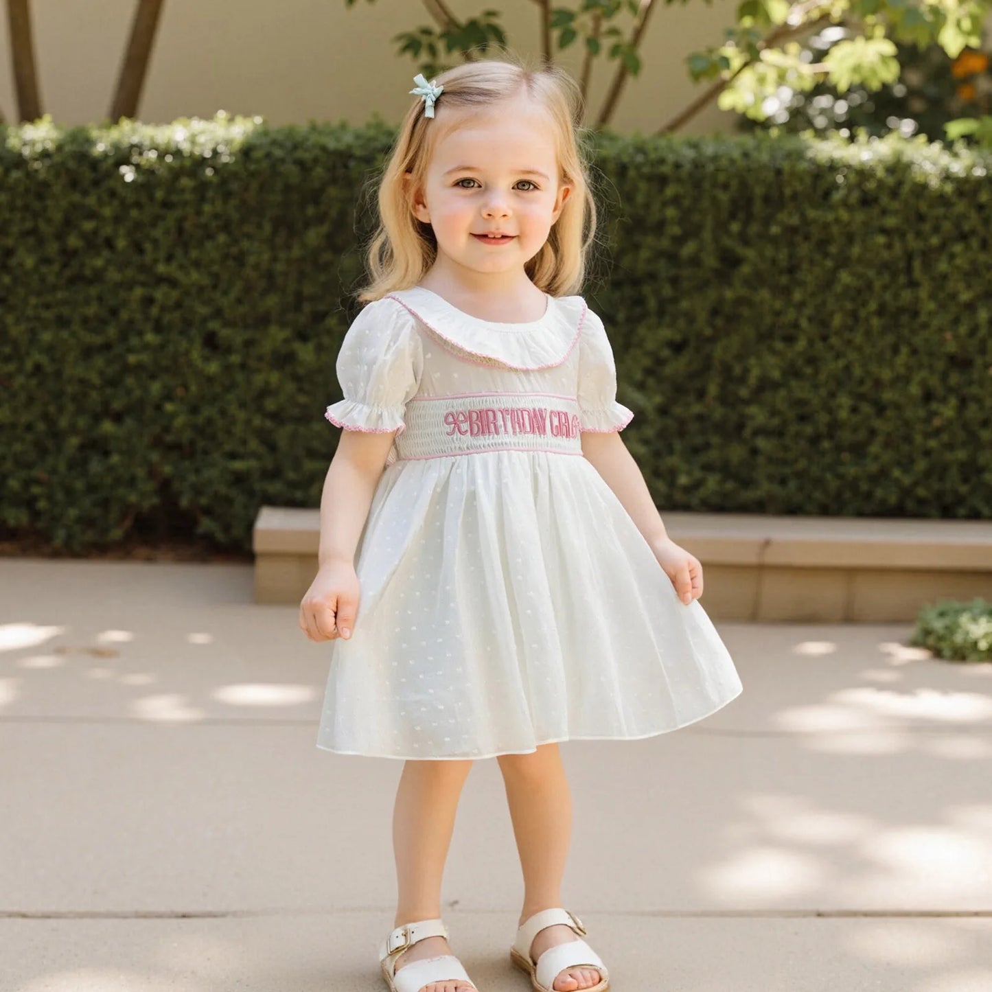 0-4Y  Kids Girls Birthday Dress 2 Style Short Sleeve Cake Embroidery Smocked Dress Summer A-Line Dress