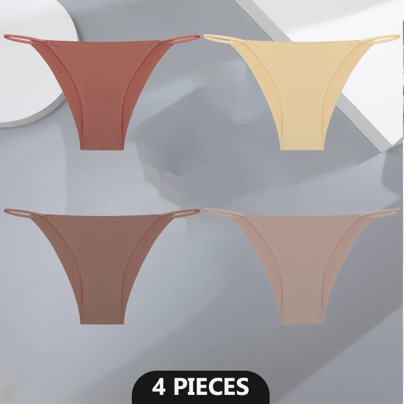 Women's 4Pcs/set Seamless Underwear Ice Silk Briefs Panties Thin Strap Lingerie