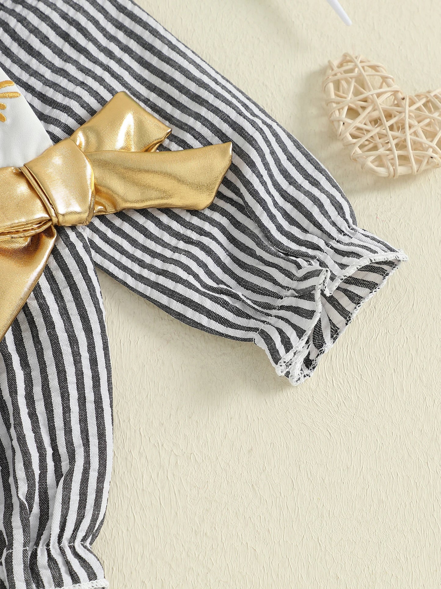 Baby Girls New Year Romper - Stripe Print Letter Embroidery Ruffled Jumpsuit