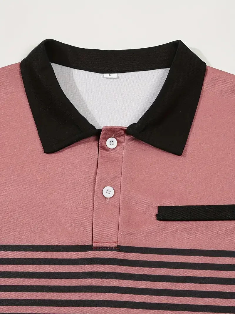 Men's Summer Polo Patchwork Short Sleeve Smart Casual Striped Turn Down Collar Shirt