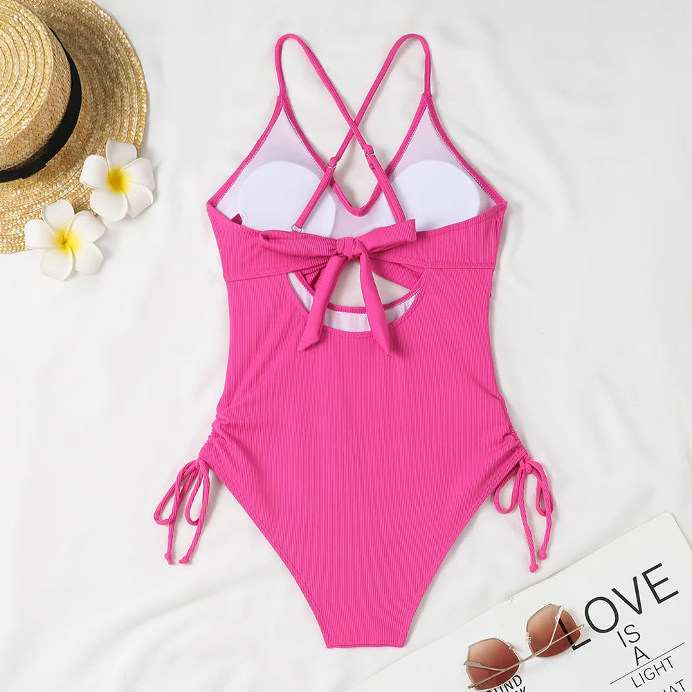 Women's Cut Out Halter One Piece Swimsuit Drawstring Swimwear