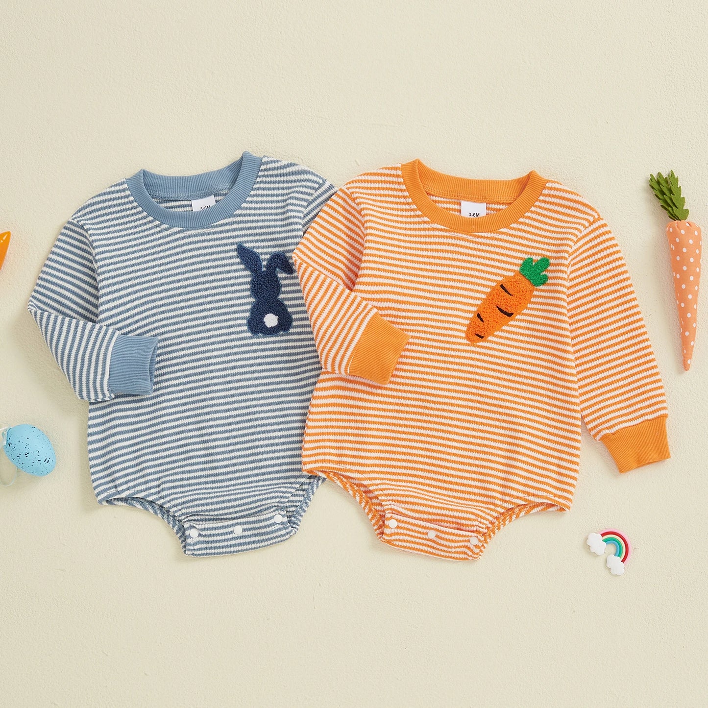 Baby Easter Romper - Stripe Rabbit Carrot Embroidery Long Sleeve Bodysuit
