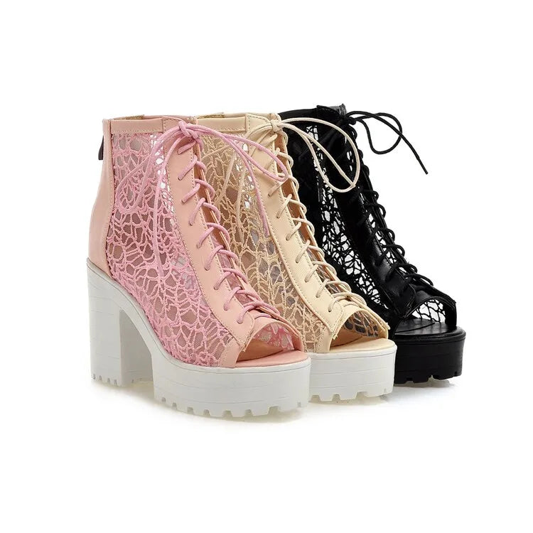 Women's Open Toe Summer Short Back Zipper Leather Mesh Hollow Cool Boots