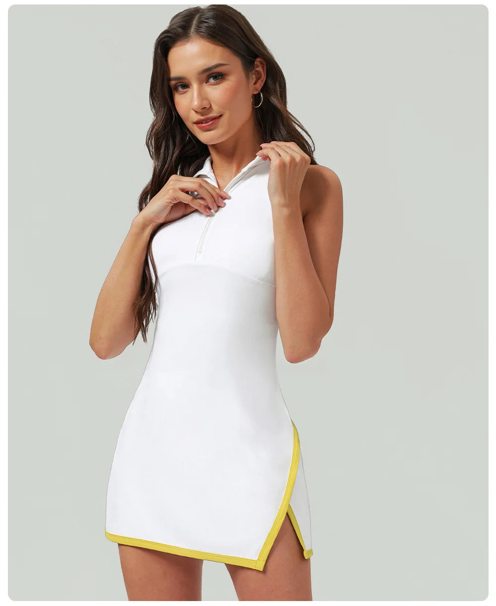 Women's Half-Zip Tennis Dress with Lapel Collar - Quick Dry Athletic Polo Dress