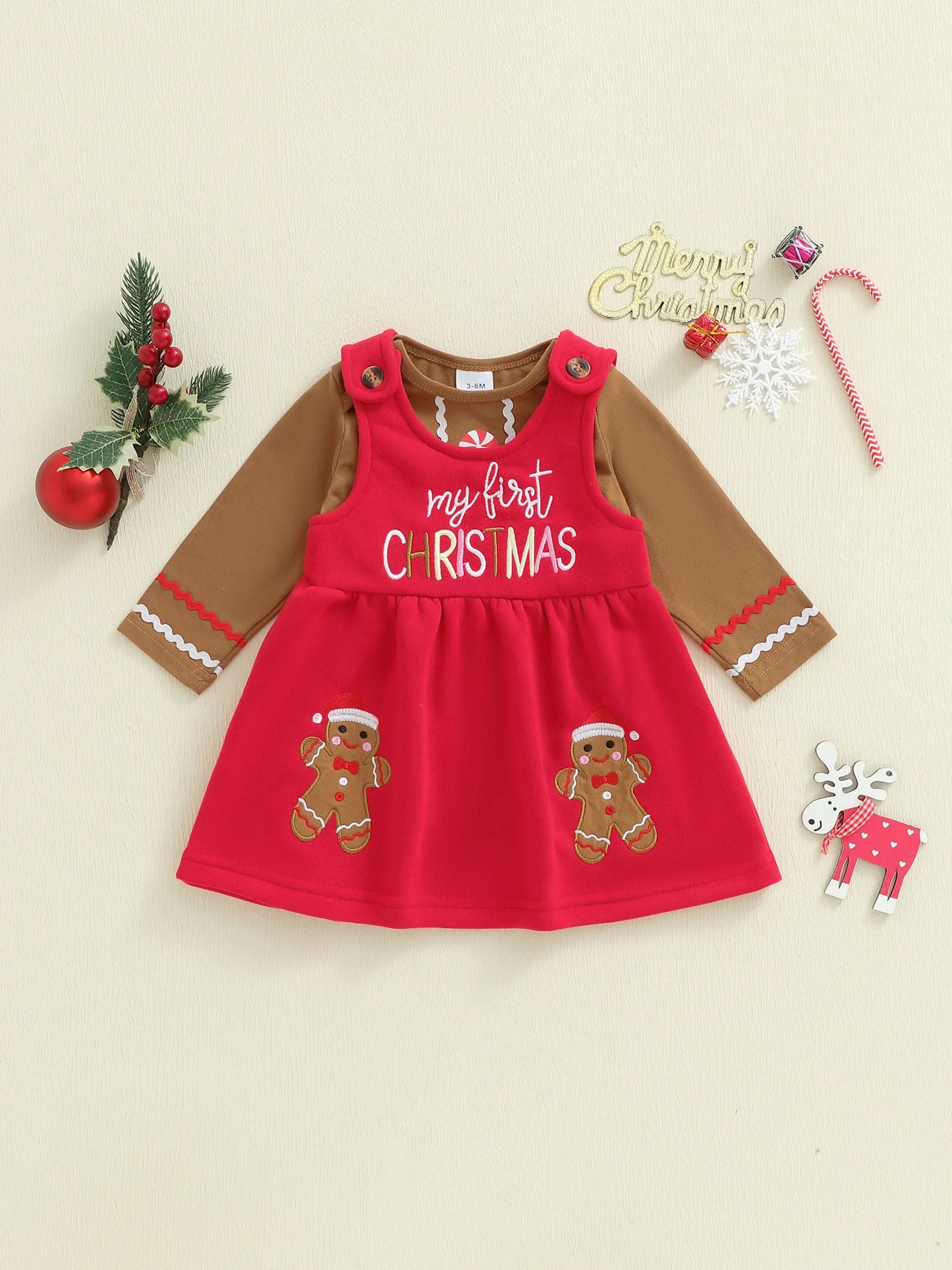 Baby Girls Christmas Clothes Set - Long Sleeve Romper & Gingerbread Man Embroidery Overalls Dress