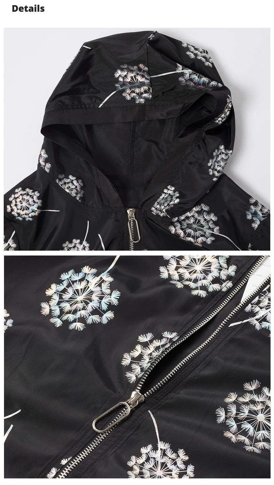Women's Oversized Hooded Flower Print Zip Windbreaker Jacket